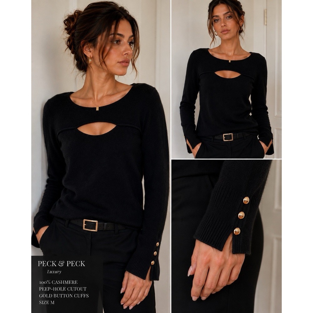 Peck & Peck Luxury Cashmere Black Y2K Peep Hole Sweater Medium Sexy Minimalist